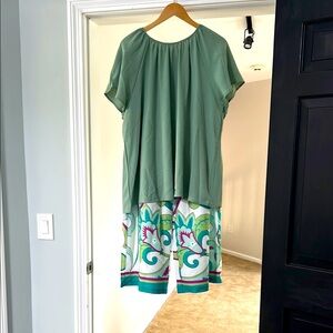 Green Top and Colorful Patterned Ankle pants Set